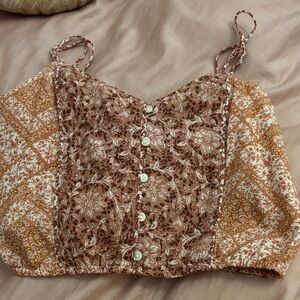 American Eagle Outfitters Brown and Tan Floral Cropped Tank